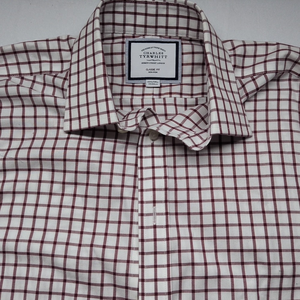 Charles Tyrwhitt White Shirt with Burgundy Windowpane Check with French cuff